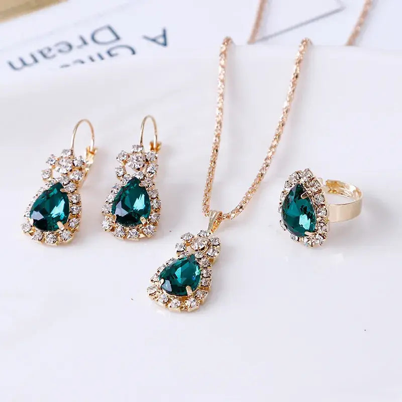 Nexovora™ Women's Green Diamond Watch & Jewelry Set – Luxury Quartz Watch, Bracelet, Necklace & Earrings Gift Set