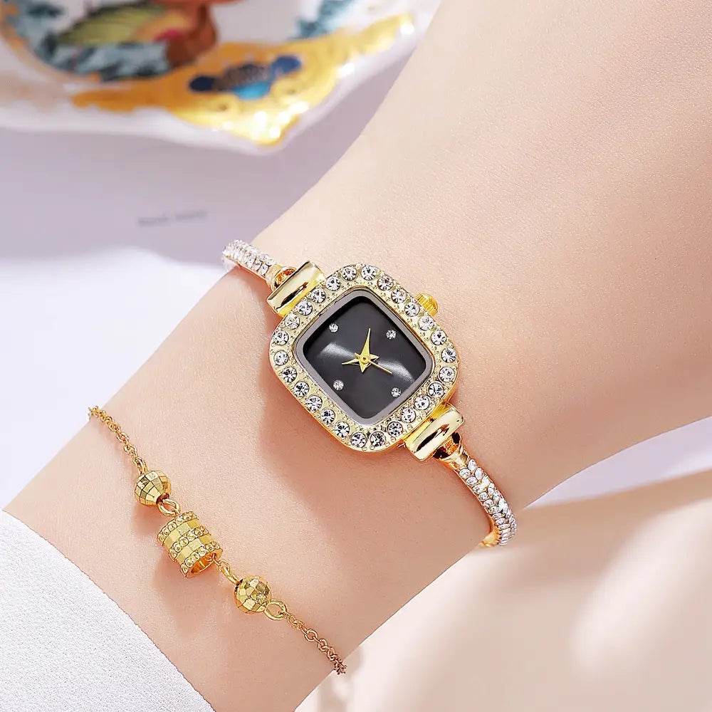 Nexovora™ Golden Éclat Square Quartz Watch – Crystal Bracelet Edition for Women