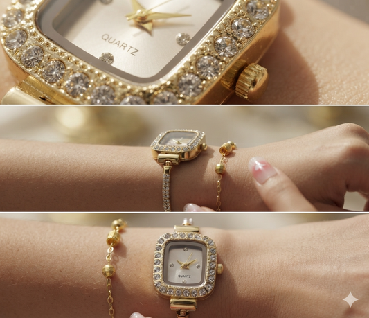 Nexovora™ Golden Éclat Square Quartz Watch – Crystal Bracelet Edition for Women