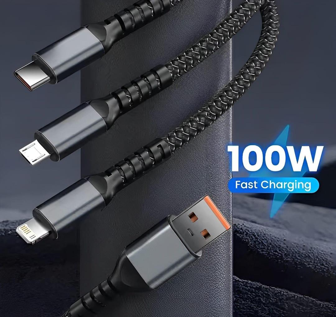 Nexvora™ 100W Fast Charging Cable – Black Nylon Braided 3-in-1 Multi Charger Cord for Type-C, iPhone & Android Devices