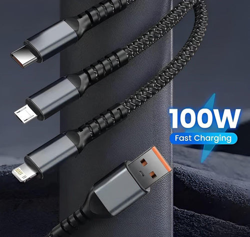 Nexvora™ 100W Fast Charging Cable – Black Nylon Braided 3-in-1 Multi Charger Cord for Type-C, iPhone & Android Devices