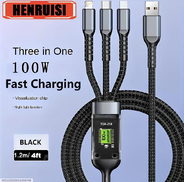 Nexvora™ 100W Fast Charging Cable – Black Nylon Braided 3-in-1 Multi Charger Cord for Type-C, iPhone & Android Devices