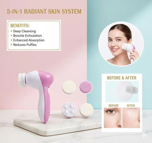 Nexvora™ 5-in-1 Facial Spa Kit – Portable Deep Cleansing & Skin Care Device with 5 Interchangeable Heads, White Beauty Massager Set