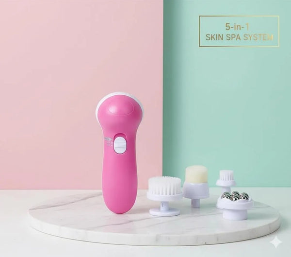 Nexvora™ 5-in-1 Facial Spa Kit – Portable Deep Cleansing & Skin Care Device with 5 Interchangeable Heads, White Beauty Massager Set