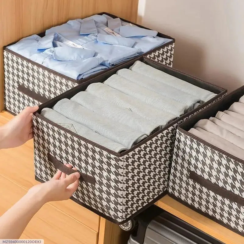 Nexvora™ Houndstooth Fabric Wardrobe Organizer – 44cm Large Storage Box, Foldable Closet Organizer for Clothes, Bedding & Home Storage
