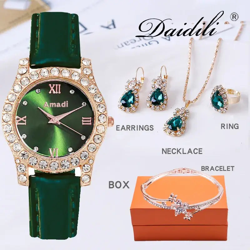 Nexovora™ Women's Green Diamond Watch & Jewelry Set – Luxury Quartz Watch, Bracelet, Necklace & Earrings Gift Set