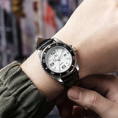 Nexovora™ Heritage Classic Quartz Watch – White Dial Black Leather Edition for Men