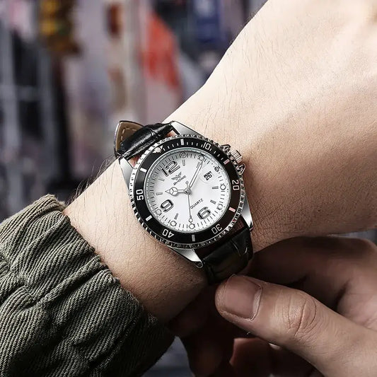 Nexovora™ Heritage Classic Quartz Watch – White Dial Black Leather Edition for Men