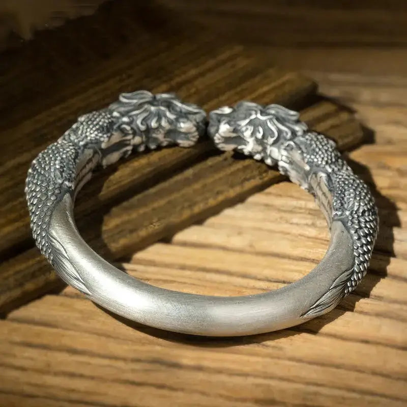 Nexovora™ Imperial Pixiu Cuff Bracelet – Vintage Silver Edition for Men