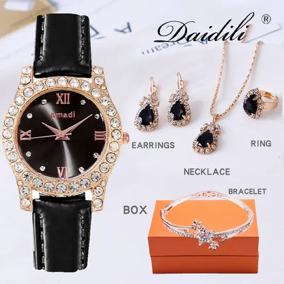 Nexovora™ Women's Green Diamond Watch & Jewelry Set – Luxury Quartz Watch, Bracelet, Necklace & Earrings Gift Set