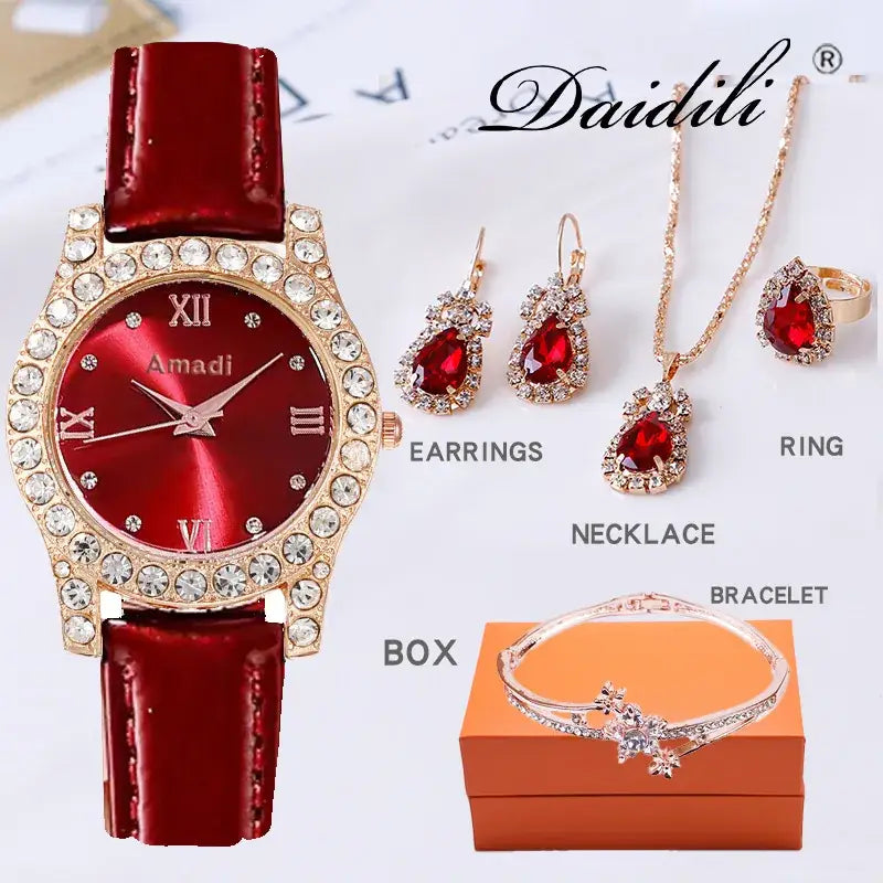 Nexovora™ Women's Green Diamond Watch & Jewelry Set – Luxury Quartz Watch, Bracelet, Necklace & Earrings Gift Set