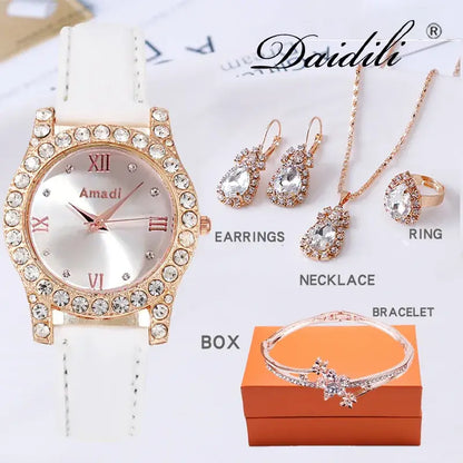 Nexovora™ Women's Green Diamond Watch & Jewelry Set – Luxury Quartz Watch, Bracelet, Necklace & Earrings Gift Set