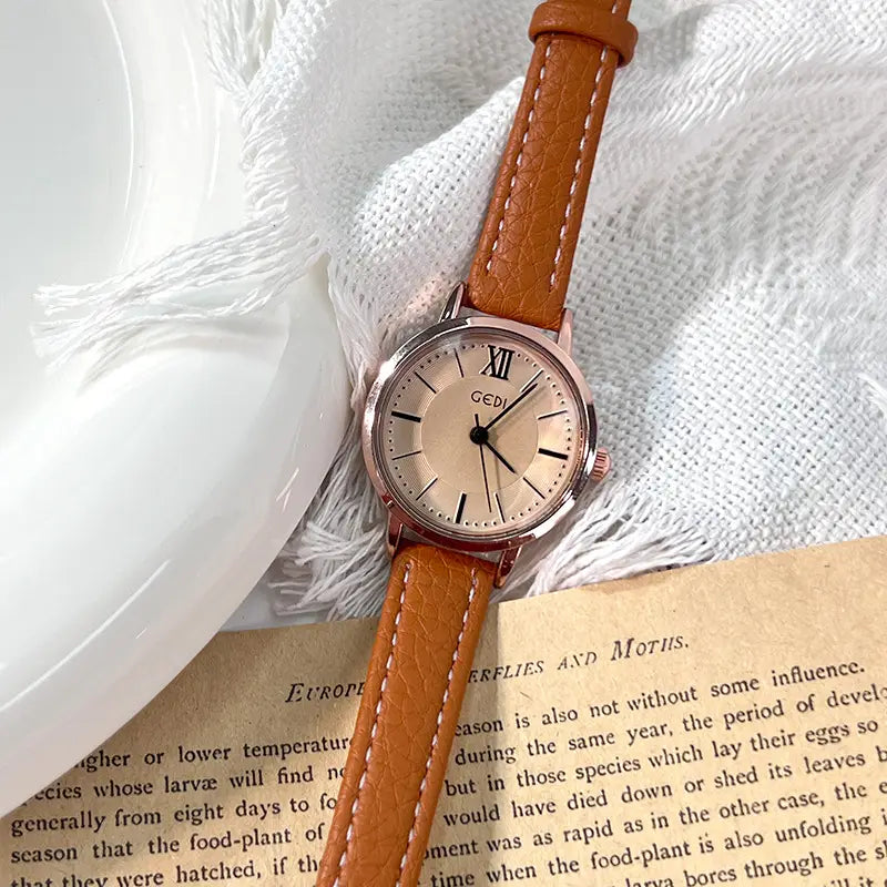 Nexovora™ Vintage Royale Quartz Watch – Gold & Brown Leather Edition for Women