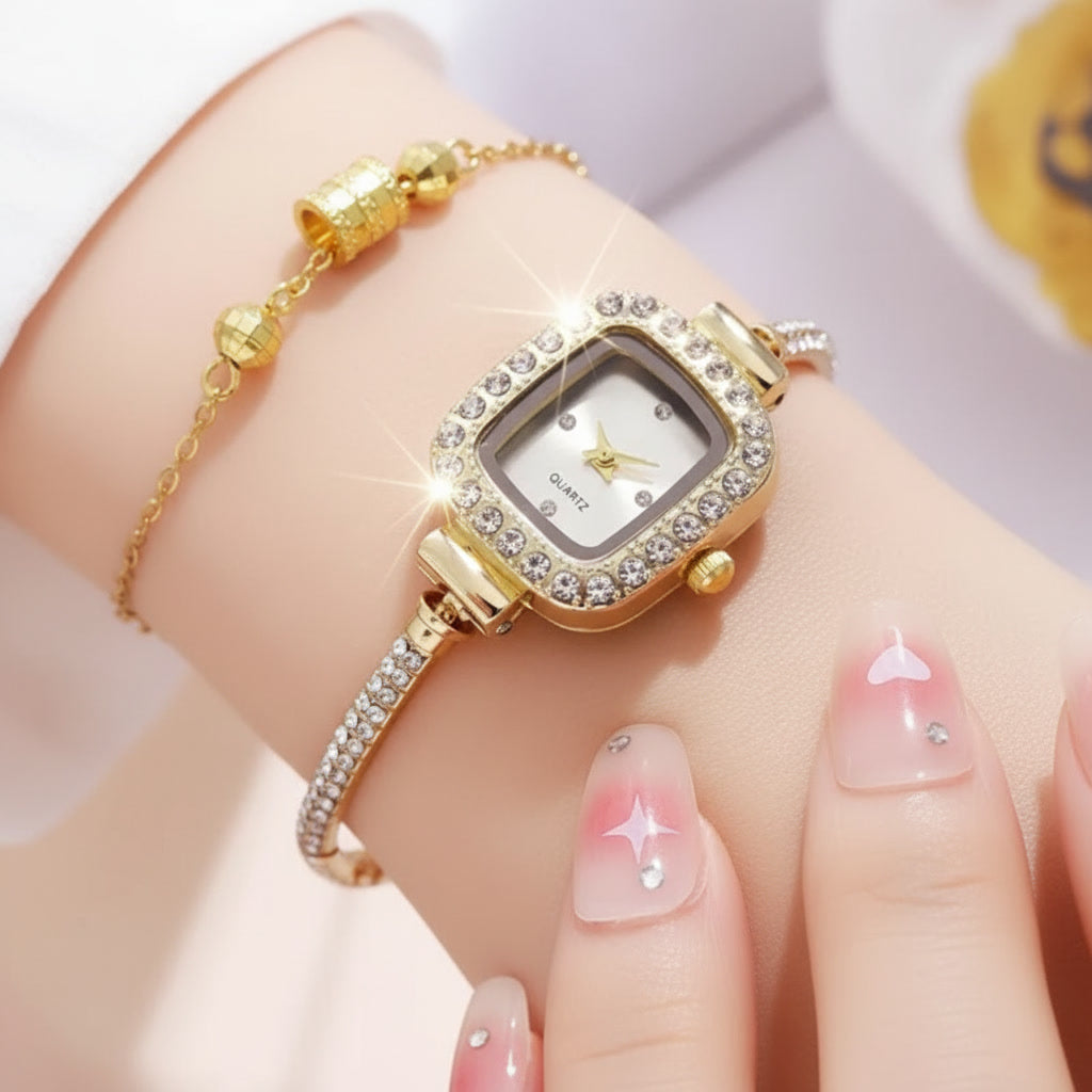 Nexovora™ Golden Éclat Square Quartz Watch – Crystal Bracelet Edition for Women
