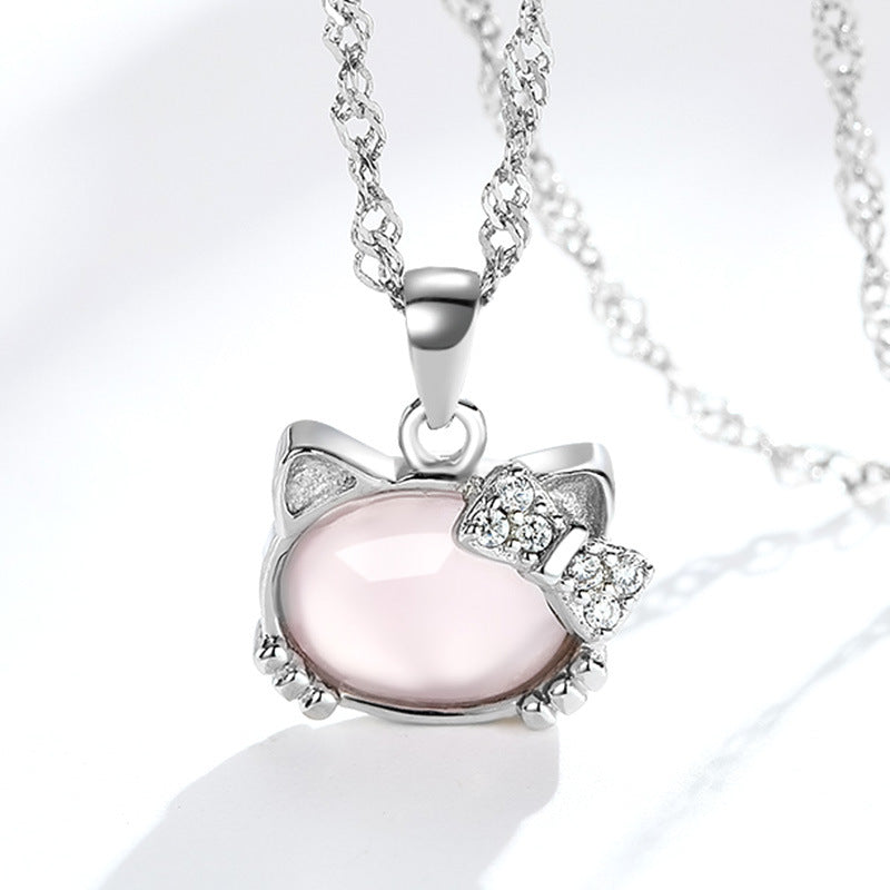 Nexovora™ Korean Hibiscus Cat Pendant Necklace for Women – Silver-Plated Red Crystal Chain