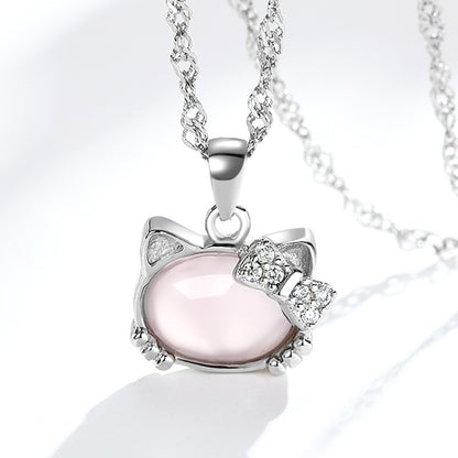 Nexovora™ Korean Hibiscus Cat Pendant Necklace for Women – Silver-Plated Red Crystal Chain