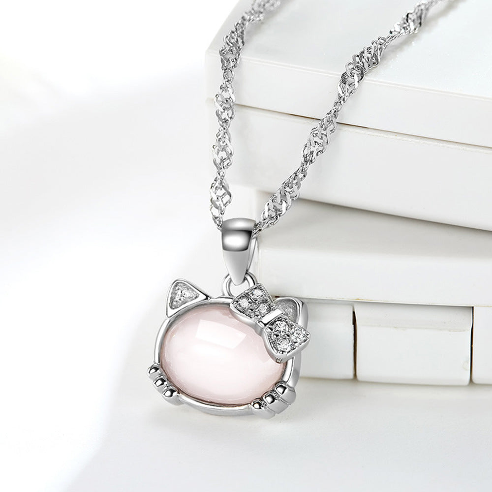 Nexovora™ Korean Hibiscus Cat Pendant Necklace for Women – Silver-Plated Red Crystal Chain