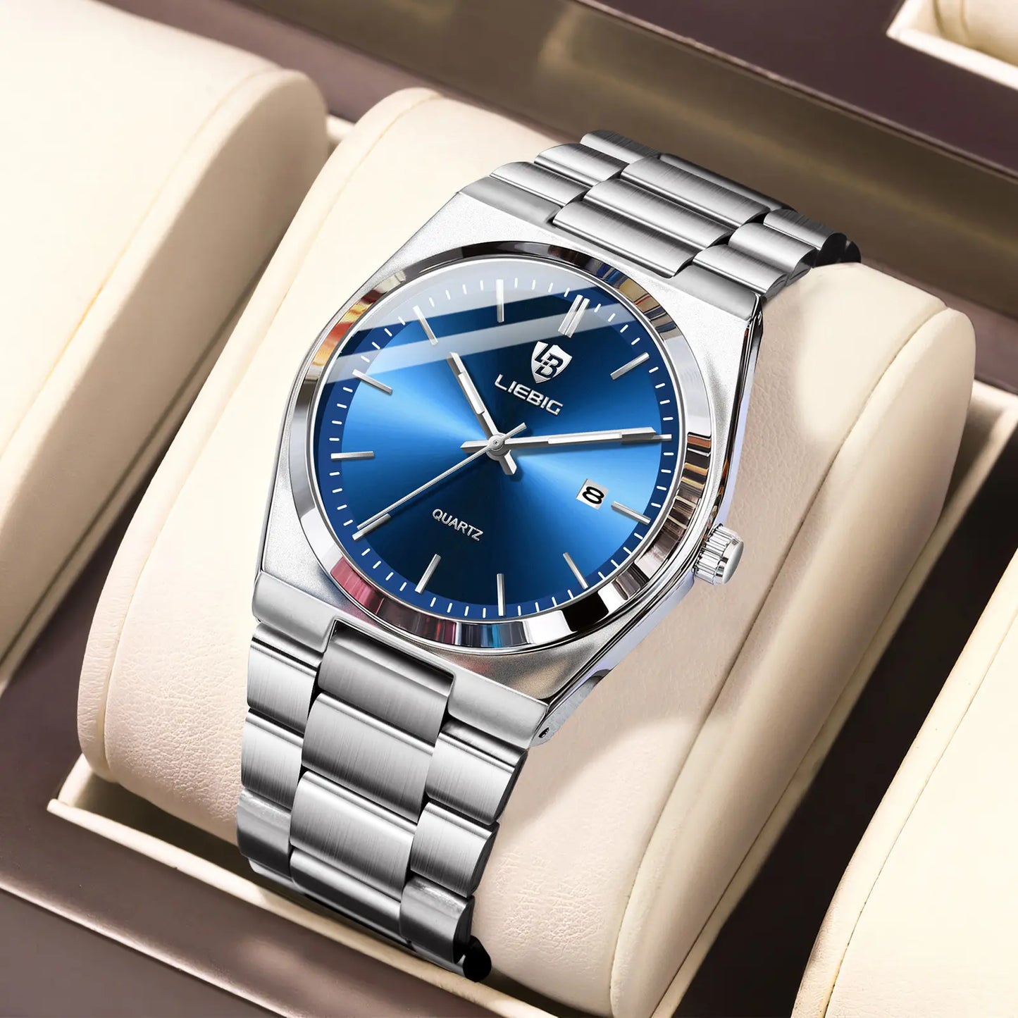 Nexovora™ Azure Prestige Quartz Watch – Blue Dial Stainless Steel Edition