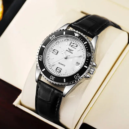 Nexovora™ Heritage Classic Quartz Watch – White Dial Black Leather Edition for Men