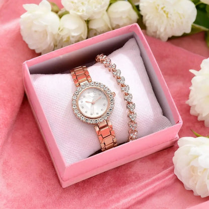 Nexovora™ Rosé Royale Watch & Bracelet Set – Rose Gold Crystal Edition for Women